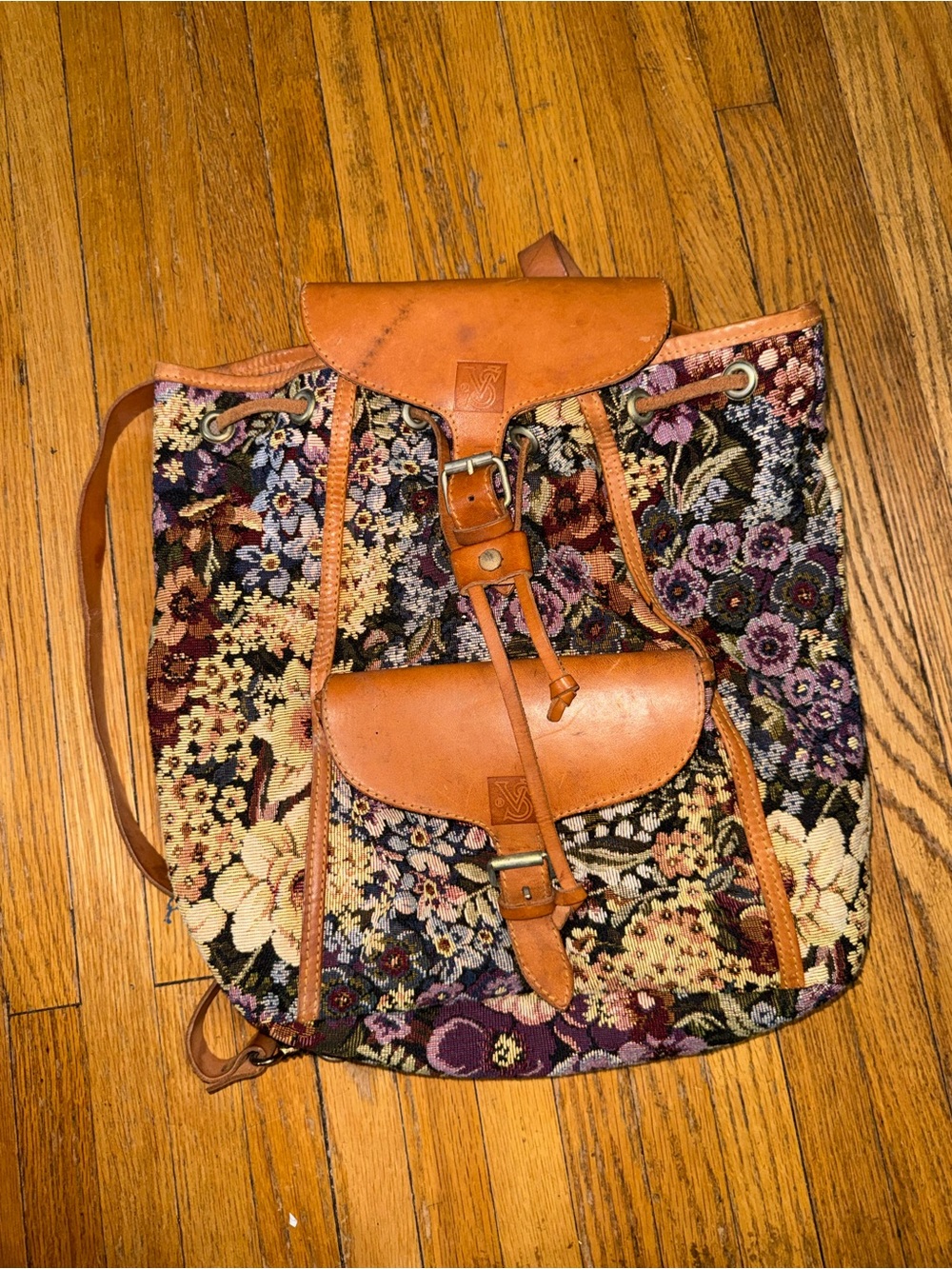 Vintage Victorias SecretTapestry Floral Leather Trim Backpack - Tan & Multicolor